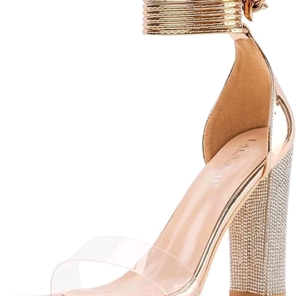 LALA IKAI Women's Heels Gold Strappy Rhinestone High Heels Ankle Straps size 8